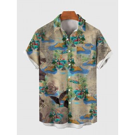 Full-Print Retro Hawaiian Island, Coconut Tree and Sea Printing Men's Short Sleeve Shirt