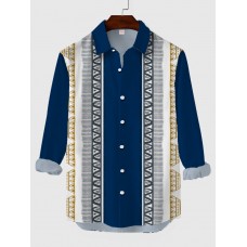 Blue Retro Ethnic Boho Print Printing Men's Long Sleeve Shirt