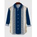 Blue Retro Ethnic Boho Print Printing Men's Long Sleeve Shirt