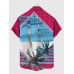 Summer Geometric Water Ripple Element and Coconut Tree Printing Men's Short Sleeve Shirt